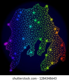 Glamour mesh vector map of Gambier Island with glare effect. Light spots have bright spectrum colors. Abstract lines, triangles, light spots on a dark background with map of Gambier Island.