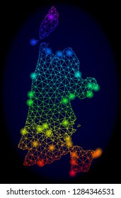 Glamour mesh vector map of North Holland with glare effect. Light spots have bright spectrum colors. Abstract lines, triangles, light spots on a dark background with map of North Holland.