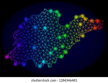 Glamour mesh vector map of Shandong Province with glare effect. Light spots have bright spectrum colors. Abstract lines, triangles, glare spots on a dark background with map of Shandong Province.