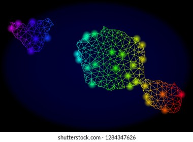 Glamour mesh vector map of Tahiti and Moorea islands with glare effect. Light spots have bright spectrum colors. Abstract lines, triangles,