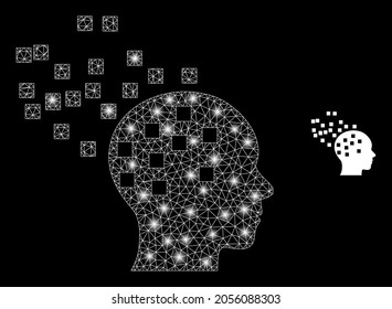 Desintegración mental vectorial de malla de glamur con efecto de resplandor. Malla blanca, manchas relámpago sobre un fondo negro con un icono de desintegración mental. Los elementos de malla y resplandor se colocan en diferentes capas.