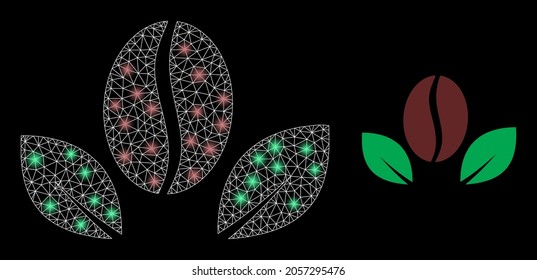Glamour mesh vector natural coffee with glare effect. White mesh, glare spots on a black background with natural coffee icon. Mesh and glowing elements are placed on different layers.