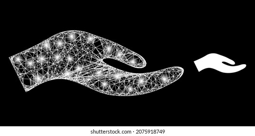 Glamour mesh vector petition hand with glare effect. White mesh, glare spots on a black background with petition hand icon. Mesh and glare elements are placed on different layers.