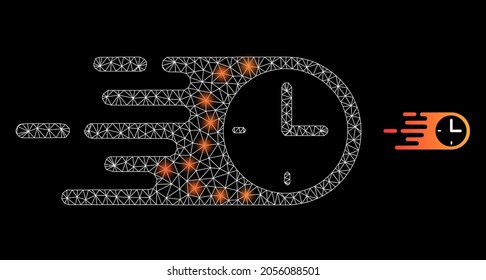 Vector de malla de glamour en tiempo rápido con efecto de brillo. Malla blanca, puntos de brillo en un fondo negro con un icono de tiempo rápido. Los elementos de malla y resplandor se colocan en diferentes capas.