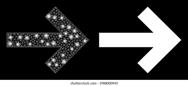 Glamour mesh vector right direction arrow with glare effect. White mesh, flash spots on a black background with right direction arrow icon. Mesh and glare elements are placed on different layers.