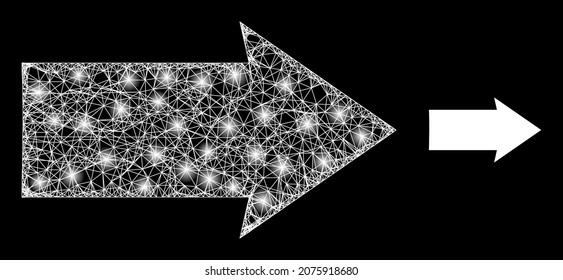 Glamour mesh vector right direction with glare effect. White mesh, glare spots on a black background with right direction icon. Mesh and glare elements are placed on different layers.