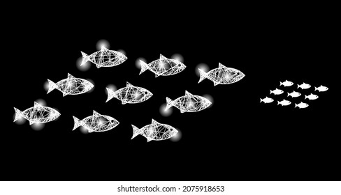 Glamour mesh vector school of fish with glare effect. White mesh, light spots on a black background with school of fish icon. Mesh and glare elements are placed on different layers.