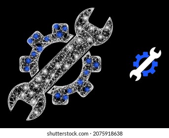 Glamour mesh vector service tools with glow effect. White mesh, glare spots on a black background with service tools icon. Mesh and glare elements are placed on different layers.