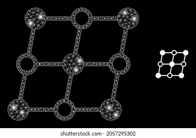 Glamour mesh vector shifted crystal grid with glow effect. White mesh, bright spots on a black background with shifted crystal grid icon. Mesh and glowing elements are placed on different layers.