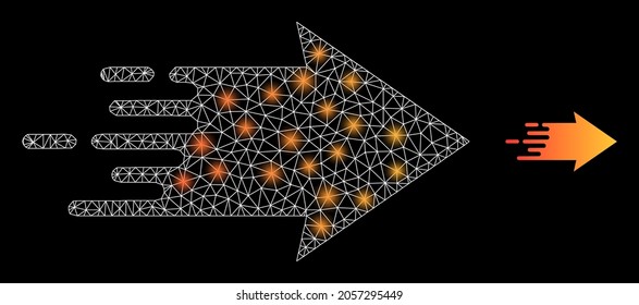 Glamour Mesh Vektor-Geschwindigkeits-Pfeil mit Glattwirkung. Weiße Maschen, glatte Flecken auf schwarzem Hintergrund mit Symbol für den Schnürsenkel. Mesh- und Glühelemente werden auf verschiedene Ebenen platziert.