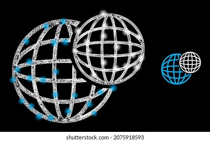 Glamour mesh vector spheric balls with glare effect. White mesh, glare spots on a black background with spheric balls icon. Mesh and glowing elements are placed on different layers.