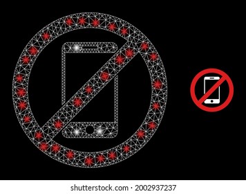 Glamour mesh vector stop smartphone with glare effect. White mesh, glare spots on a black background with stop smartphone icon. Mesh and glare elements are placed on different layers.
