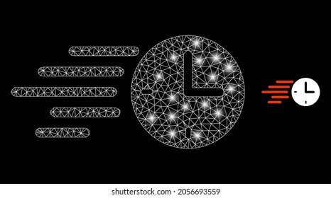 Movimiento de tiempo vectorial de malla de glamour con efecto de resplandor. Malla blanca, puntos de brillo en un fondo negro con icono de movimiento de tiempo. Los elementos de malla y resplandor se colocan en diferentes capas.