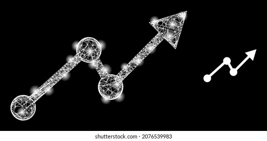 Glamour mesh vector up trend with glare effect. White mesh, glare spots on a black background with up trend icon. Mesh and glare elements are placed on different layers.
