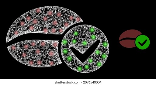 Glamour-Mesh-Vektorkaffee mit glatter Wirkung. Weiße Maschen, glatte Flecken auf schwarzem Hintergrund mit echter Kaffeekarte. Mesh- und Glanzelemente werden auf verschiedene Ebenen platziert.