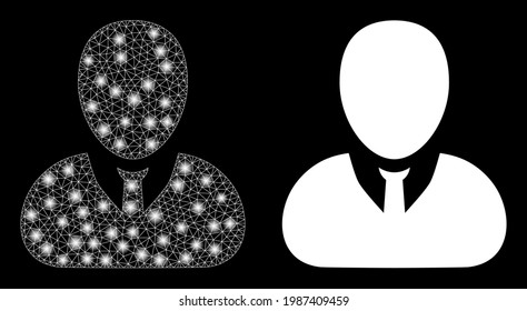 Glamour mesh vector user profile with glare effect. White mesh, glare spots on a black background with user profile icon. Mesh and glowing elements are placed on different layers.