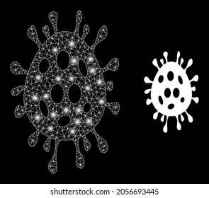 Huevo de virus vectorial de malla de glamour con efecto de resplandor. Malla blanca, puntos brillantes sobre un fondo negro con icono de huevo de virus. Los elementos de malla y resplandor se colocan en diferentes capas.