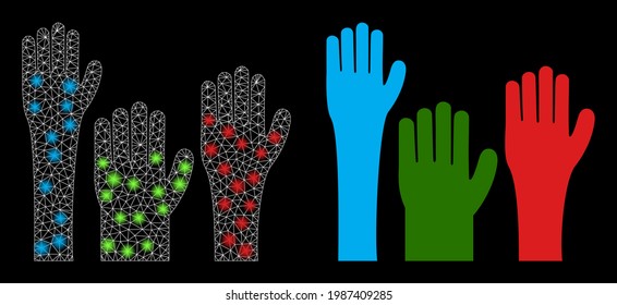 Glamour mesh vector voting hands with glare effect. White mesh, flash spots on a black background with voting hands icon. Mesh and glowing elements are placed on different layers.