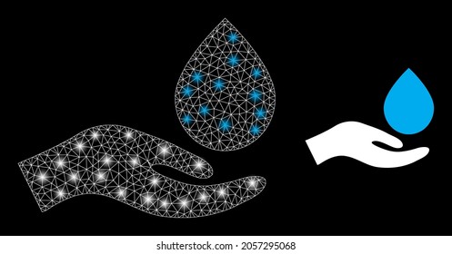 Glamour-Mesh-Vektorwasserspende Hand mit glatter Wirkung. Weiße Maschen, glatte Flecken auf schwarzem Hintergrund mit dem Handsymbol für Wasserspende. Mesh- und Lichtpunktelemente werden auf verschiedene Ebenen platziert.