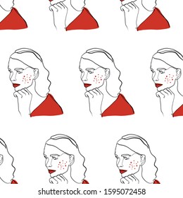 Glamour minimal pattern, one line woman portrait, graphic fashion art. Abstract contemporary composition with geometric colors elements. 