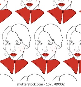 Glamour minimal pattern, one line woman portrait, graphic fashion art. Abstract contemporary composition with geometric colors elements. 