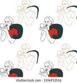 Glamour minimal pattern, one line woman portrait, graphic fashion art. Abstract contemporary composition with geometric colors elements. 