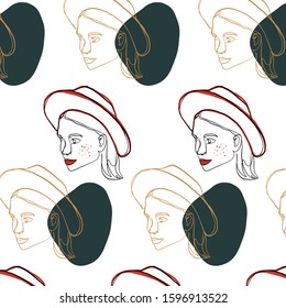 Glamour minimal pattern, one line woman portrait, graphic fashion art. Abstract contemporary composition with geometric colors elements. 