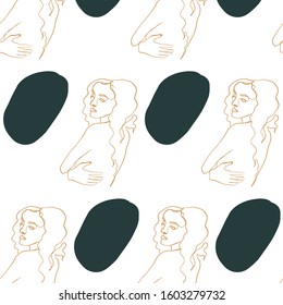 Glamour minimal pattern, one line woman portrait, graphic fashion art. Abstract contemporary composition with geometric colors elements. 