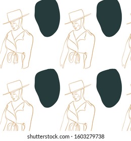 Glamour minimal pattern, one line woman portrait, graphic fashion art. Abstract contemporary composition with geometric colors elements. 