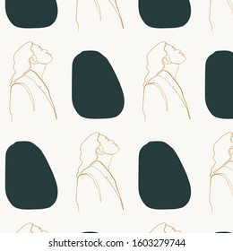 Glamour minimal pattern, one line woman portrait, graphic fashion art. Abstract contemporary composition with geometric colors elements. 