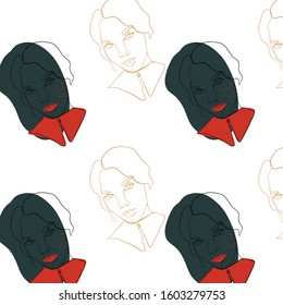 Glamour minimal pattern, one line woman portrait, graphic fashion art. Abstract contemporary composition with geometric colors elements. 