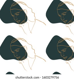 Glamour minimal pattern, one line woman portrait, graphic fashion art. Abstract contemporary composition with geometric colors elements. 