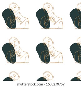 Glamour minimal pattern, one line woman portrait, graphic fashion art. Abstract contemporary composition with geometric colors elements. 