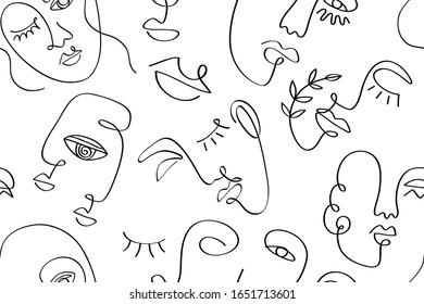 Glamour one line drawing women faces seamless pattern. Vector lines modern fashion poster, minimalistic style. Female Portrait Endless Background. Abstract continuous linear art, t shirt print.
