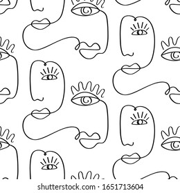 Glamour one line drawing women faces seamless pattern. Vector lines modern fashion poster, minimalistic style. Female Portrait Endless Background. Abstract continuous linear art, t shirt print.