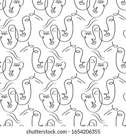 Glamour one line drawing women faces seamless pattern texture. Vector lines modern fashion poster, minimalistic style. Female Portrait Endless Background. Abstract continuous linear art, fabric print.