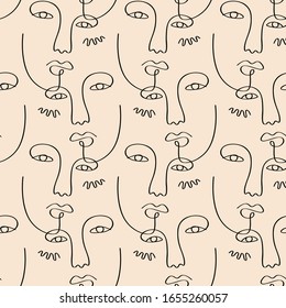 Glamour one line drawing women faces seamless pattern texture. Abstract one line drawing. Vector lines contemporary abstractions endless background, continuous linear art. Textile design, fabric print