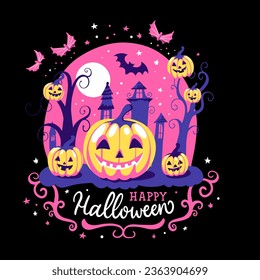 Glamour party poster with trendy calligraphy slogan of Happy Halloween. Idea for greeting card to 31th October. Y2k girly poster in style of 90s, 00s pink aesthetic. 