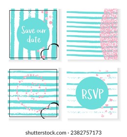 Glamour Pattern. Turquoise Stylish Spray. Stripe Vintage Cover. Rose Romantic Painting. Feminine Illustration Set. Pink Trendy Invite. White Textile. Pink Glamour Pattern