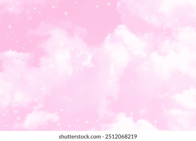 Glamour pink fairytale vector background with clouds, sky and stars. Watercolor style texture backdrop. Fantasy pastel color birthday illustration for flyers, invitation cards. Christmas background. 