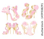 Glamour pink and gold shoes design with lace, feather, flamingo, roses, jewels and ornaments. Vector illustration