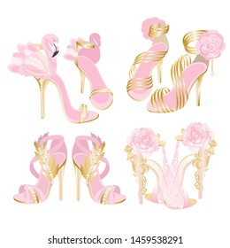 Glamour pink and gold shoes design with lace, feather, flamingo, roses, jewels and ornaments. Vector illustration