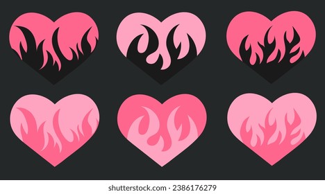 Glamour pink hearts in y2k style. Stickers of fire hearts in retro style. Trendy emo goth 2000s hearts.