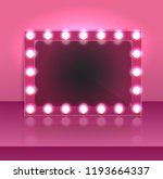 Glamour pink makeup blank mirror realistic with bulb light effect in wall background. vector illustration