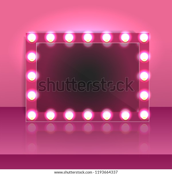 Glamour pink makeup blank\
mirror realistic with bulb light effect in wall background. vector\
illustration