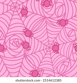 Glamour rosa teia de aranha sem costura padrão. Bela ideia de Halloween. Ilustração vetorial de estoque em estilo cartoon com contorno.