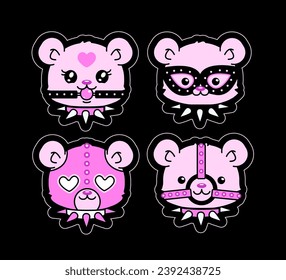 Glamour pink teddy bear stickers. Funny BDSM toys stickers. Cute cartoon Emo Girl teddy bear print design for apparel. Domination role play mask. Vector collection