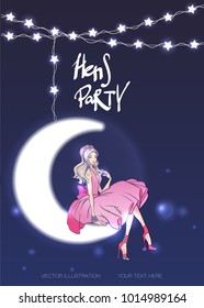 Glamour pretty girl on the moon. Lighting garlands on night starry sky. Fashion vector illustration with lettering HANS PARTY. Design template for  invitation. Lady in pink elegant dress.