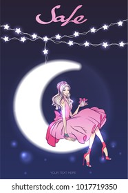 Glamour pretty girl on the moon. Lighting garlands on night starry sky. Vector illustration with lettering SALE. Design template. Fancy blonde woman in elegant dress.Lady in pink with gift box.