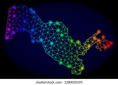 Glamour rainbow mesh vector map of Uzbekistan with glow effect. Abstract lines, triangles, glare spots forms map of Uzbekistan on a dark background.